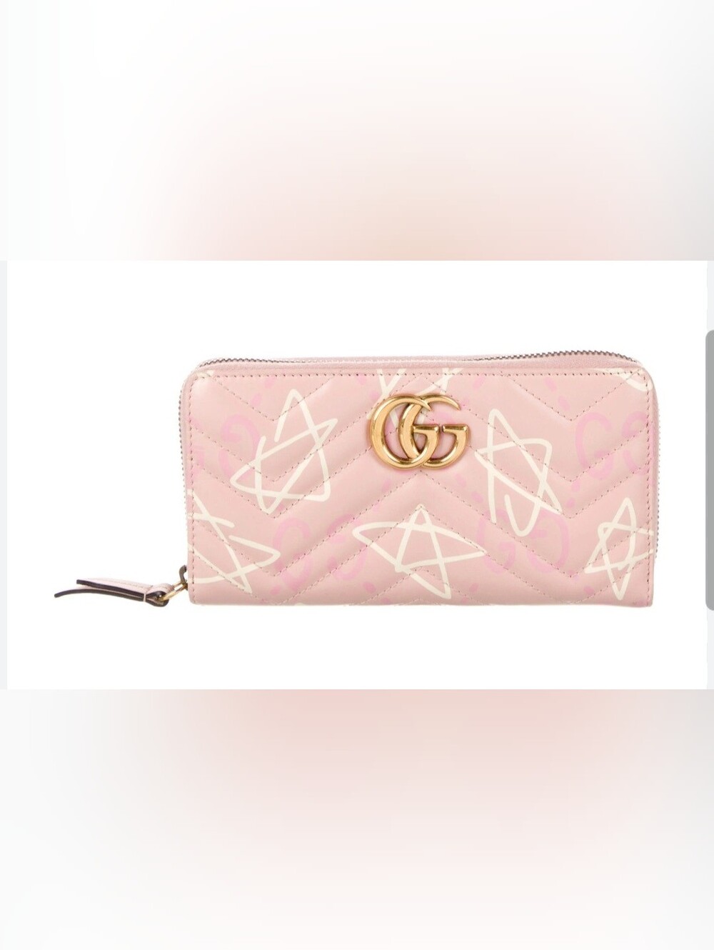Gucci Calfskin Matelasse Ghost GG Marmont Zip Around Pink Wallet
